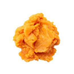 Photo of Delicious mashed sweet potatoes isolated on white, top view