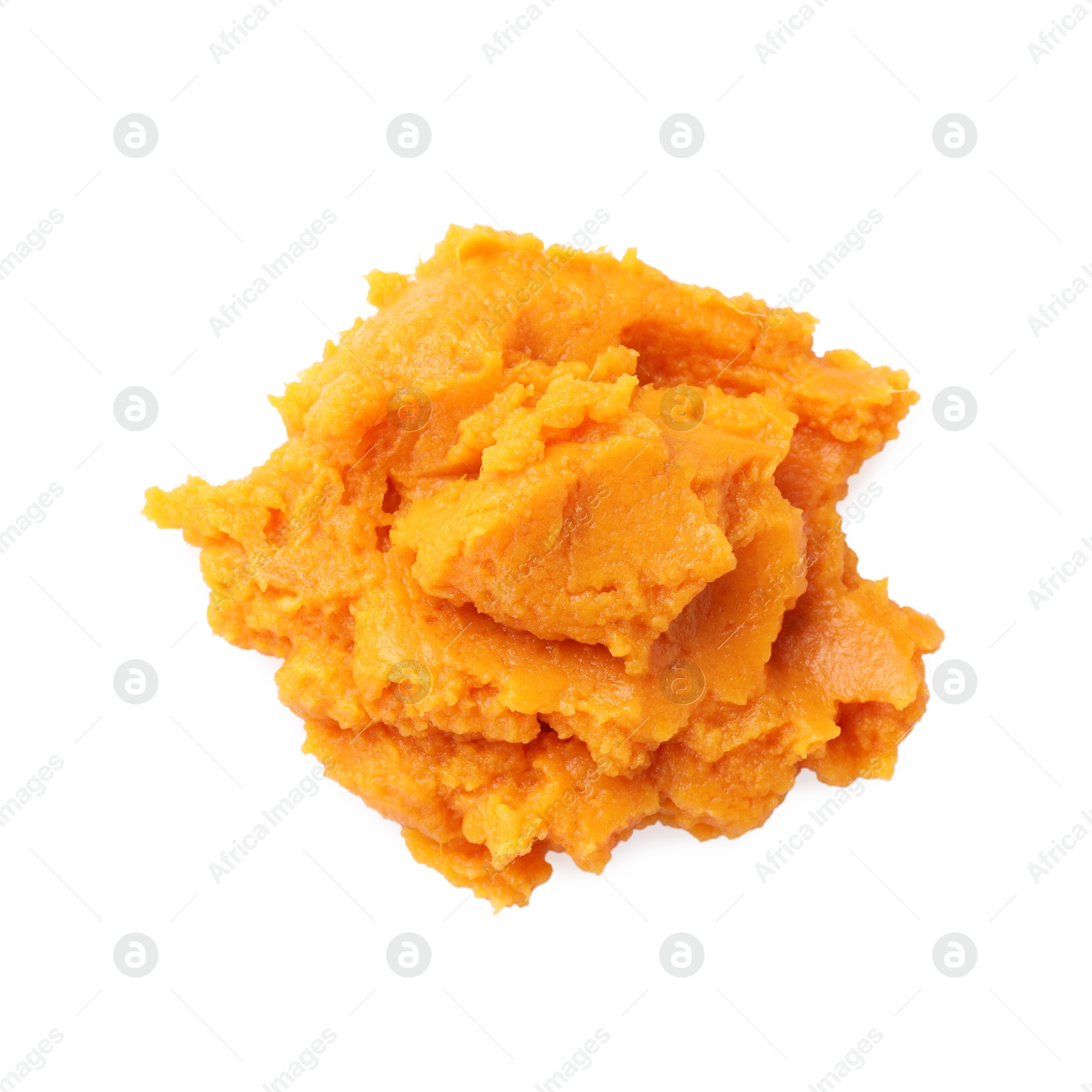 Photo of Delicious mashed sweet potatoes isolated on white, top view