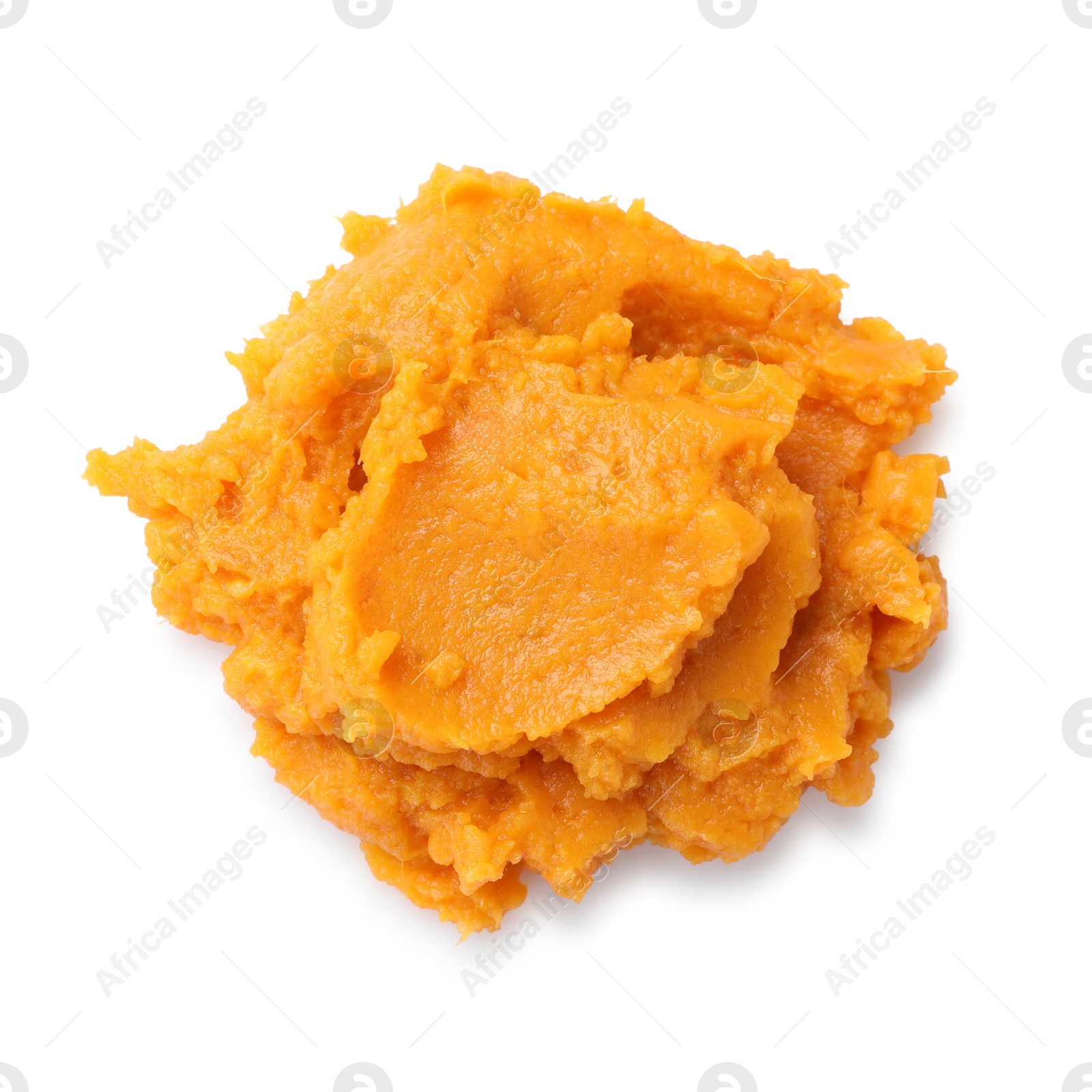 Photo of Delicious mashed sweet potatoes isolated on white, top view