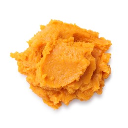 Photo of Delicious mashed sweet potatoes isolated on white, top view