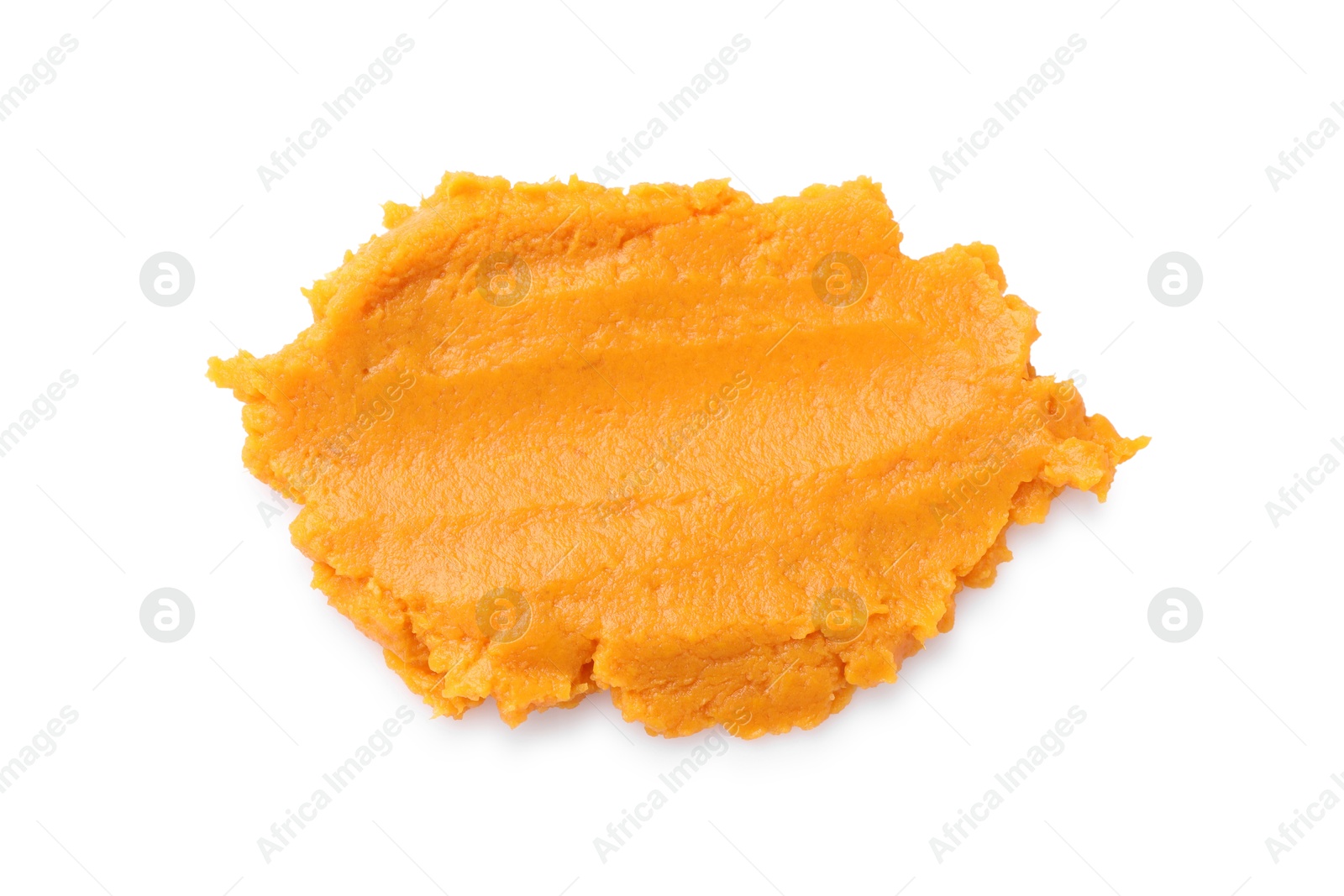 Photo of Delicious mashed sweet potatoes isolated on white, top view