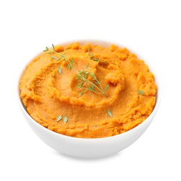 Photo of Delicious mashed sweet potatoes and microgreens in bowl isolated on white