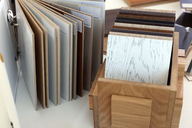 Photo of Different samples of wooden flooring on white table, closeup