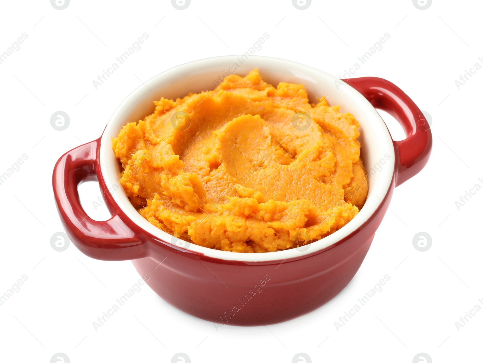 Photo of Delicious mashed sweet potatoes in pot isolated on white