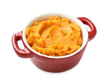 Photo of Delicious mashed sweet potatoes in pot isolated on white