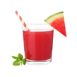 Photo of Tasty watermelon drink in glass and mint isolated on white