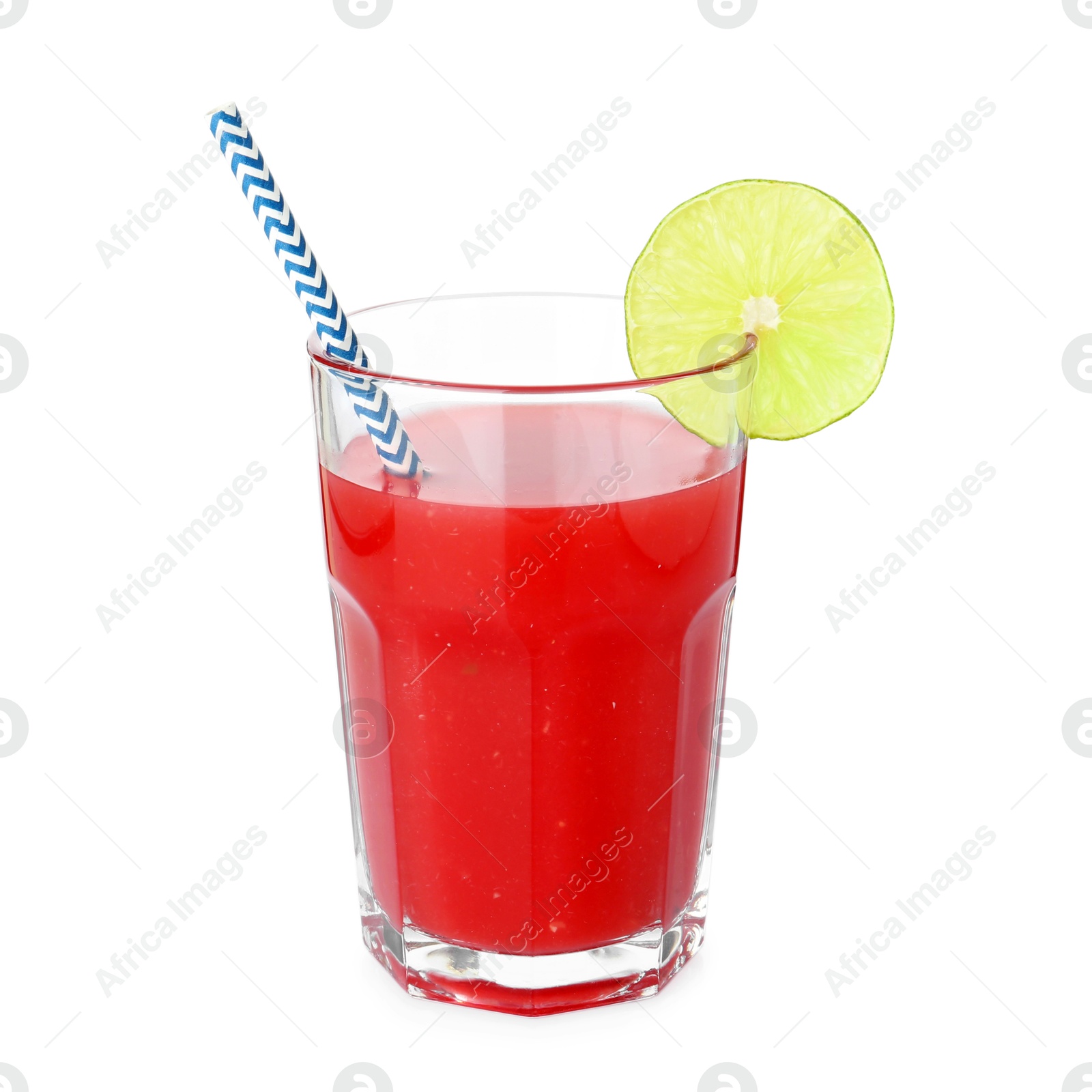 Photo of Tasty watermelon drink in glass isolated on white