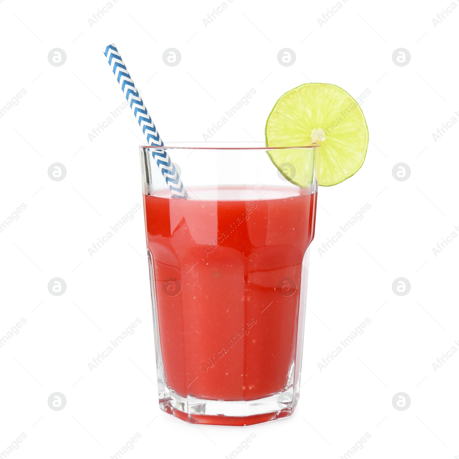 Photo of Tasty watermelon drink in glass isolated on white