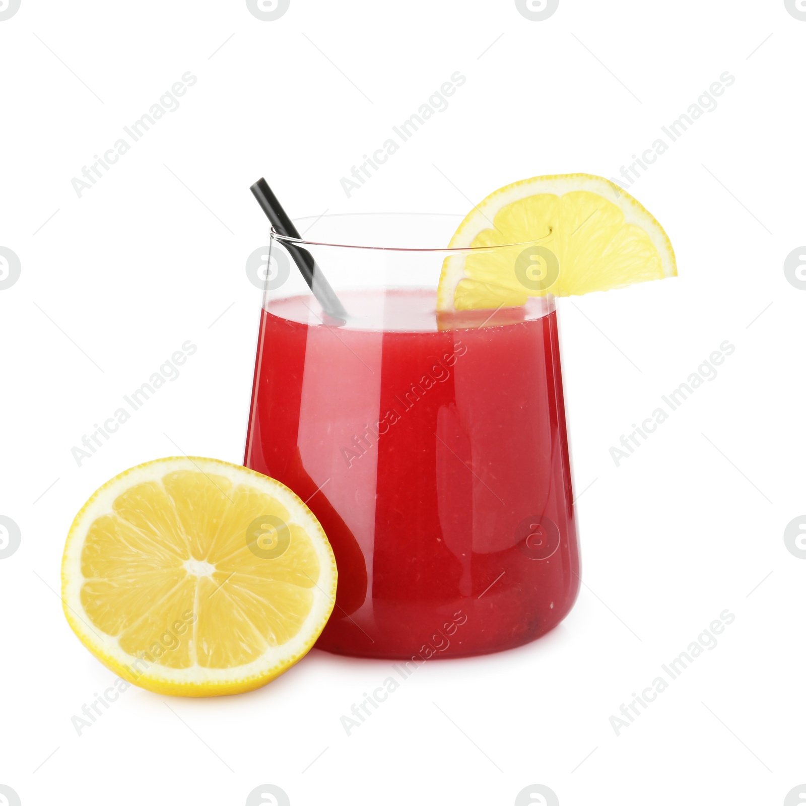 Photo of Tasty watermelon drink in glass and lemon isolated on white