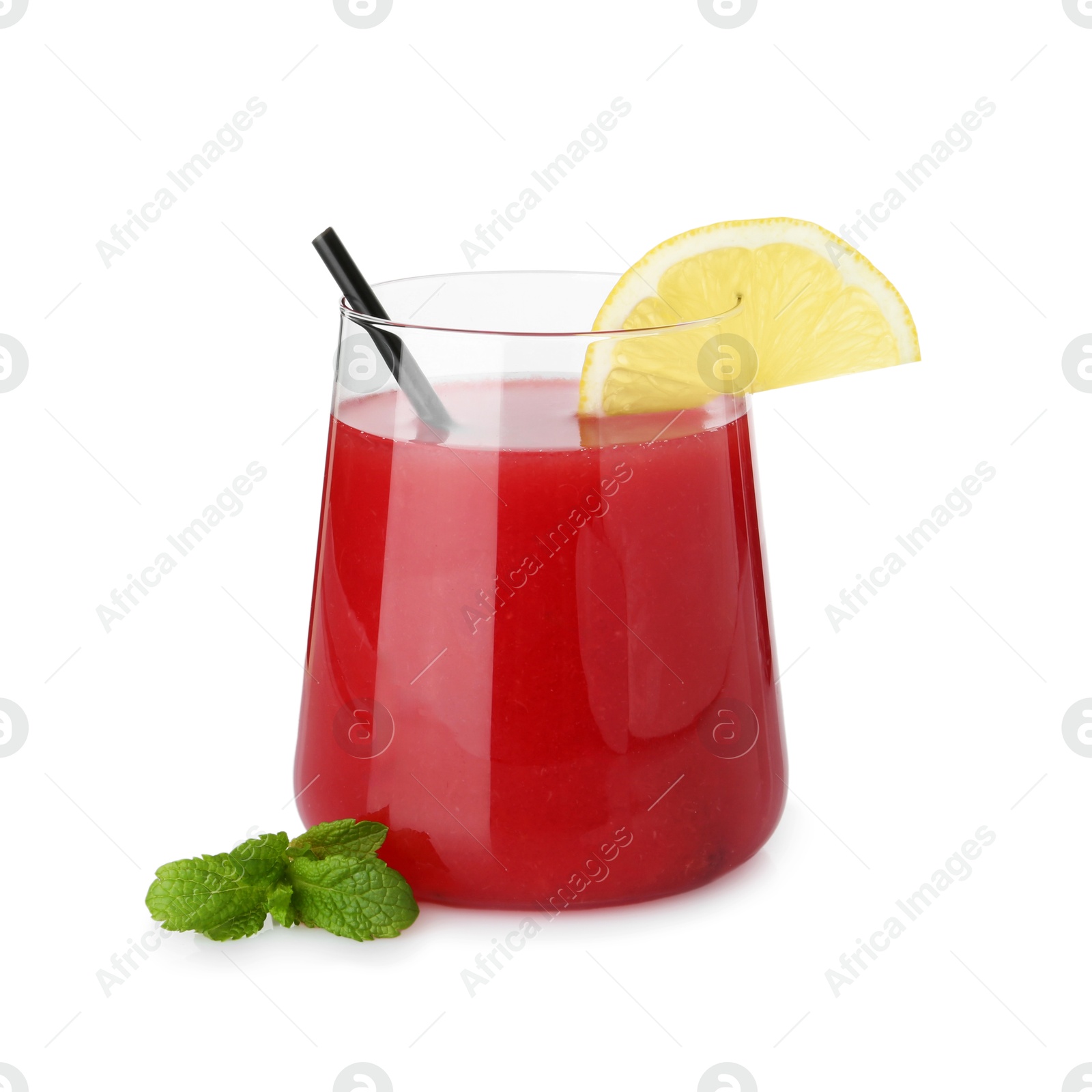 Photo of Tasty watermelon drink in glass and mint isolated on white