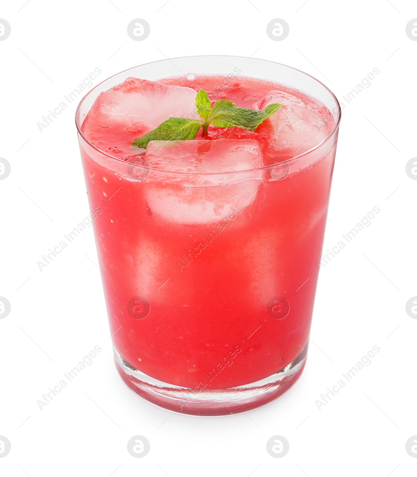 Photo of Tasty watermelon drink in glass and mint isolated on white