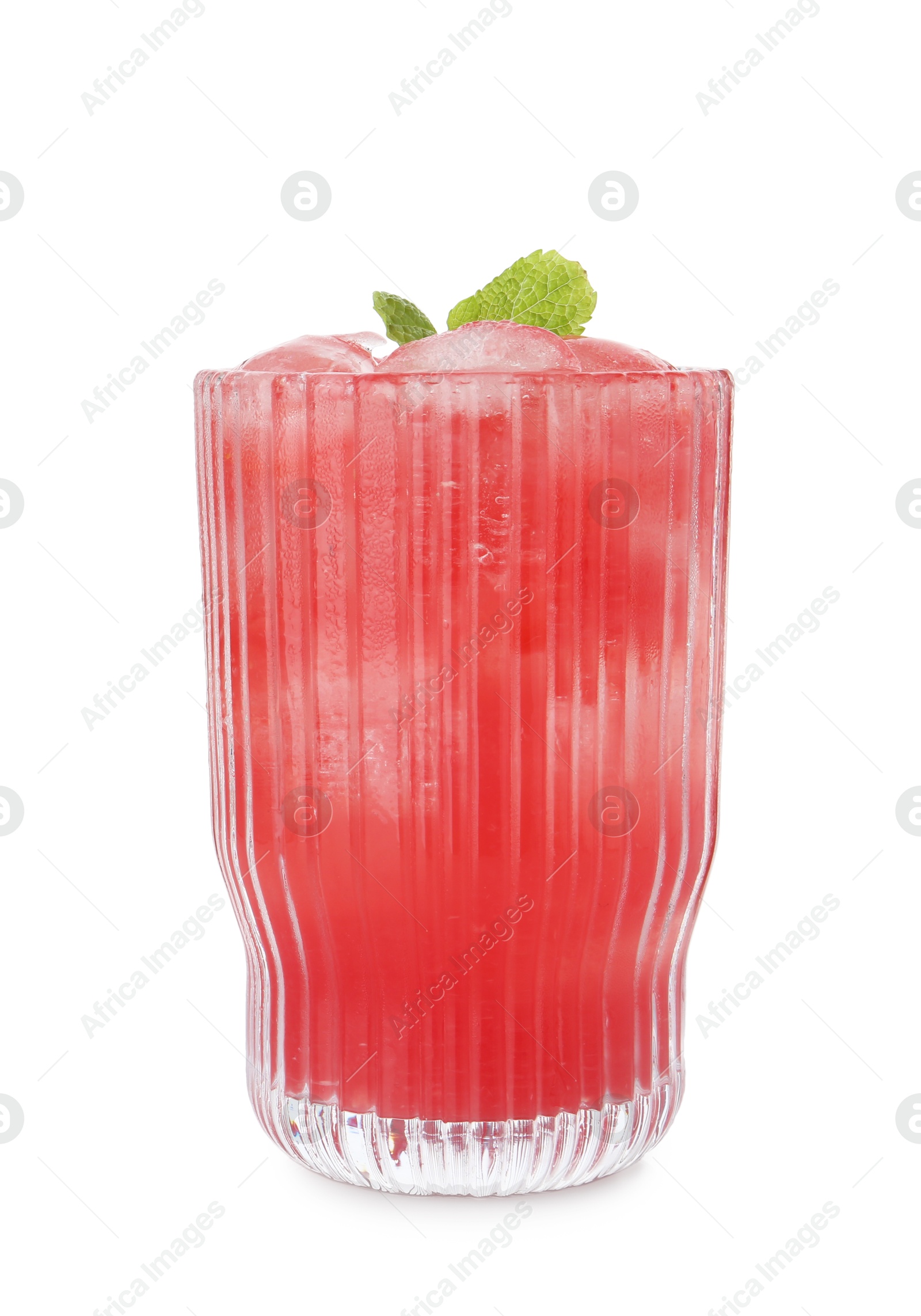 Photo of Tasty watermelon drink in glass and mint isolated on white