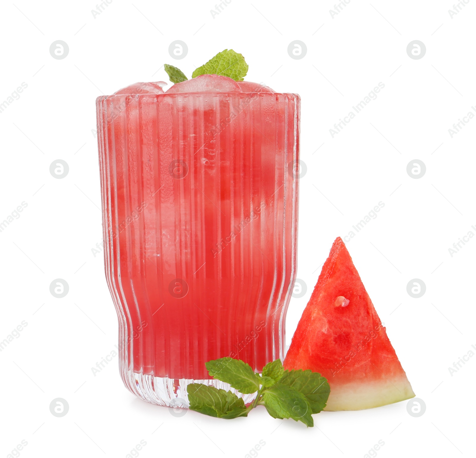 Photo of Tasty watermelon drink in glass, mint and fresh fruit isolated on white