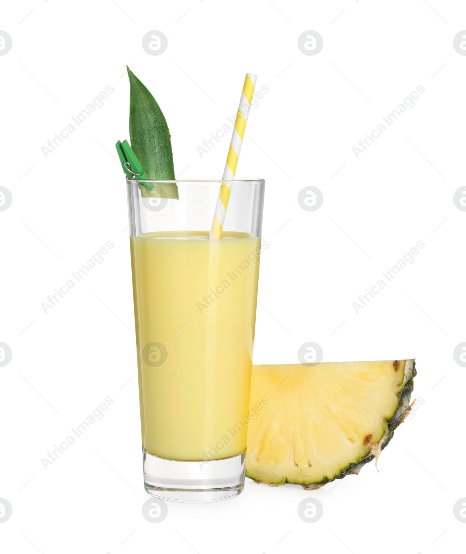 Photo of Tasty pineapple smoothie in glass and slice of fruit isolated on white