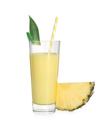 Photo of Tasty pineapple smoothie in glass and slice of fruit isolated on white