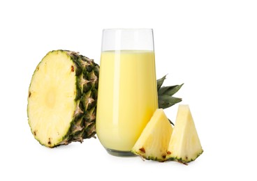 Photo of Tasty pineapple smoothie in glass and slices of fruit isolated on white