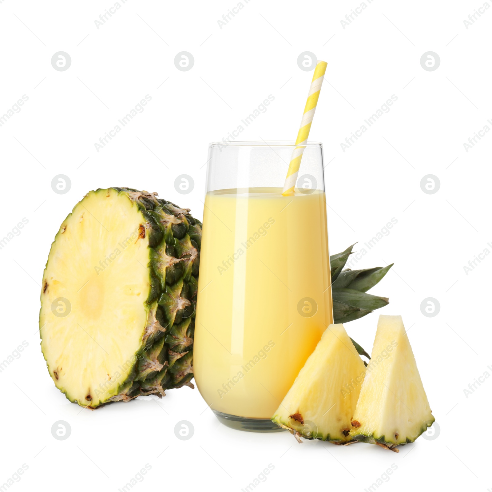 Photo of Tasty pineapple smoothie in glass and slices of fruit isolated on white