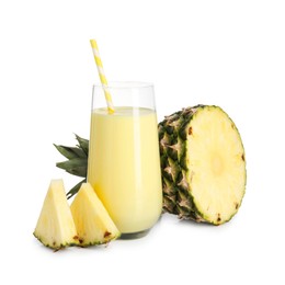 Photo of Tasty pineapple smoothie in glass and slices of fruit isolated on white