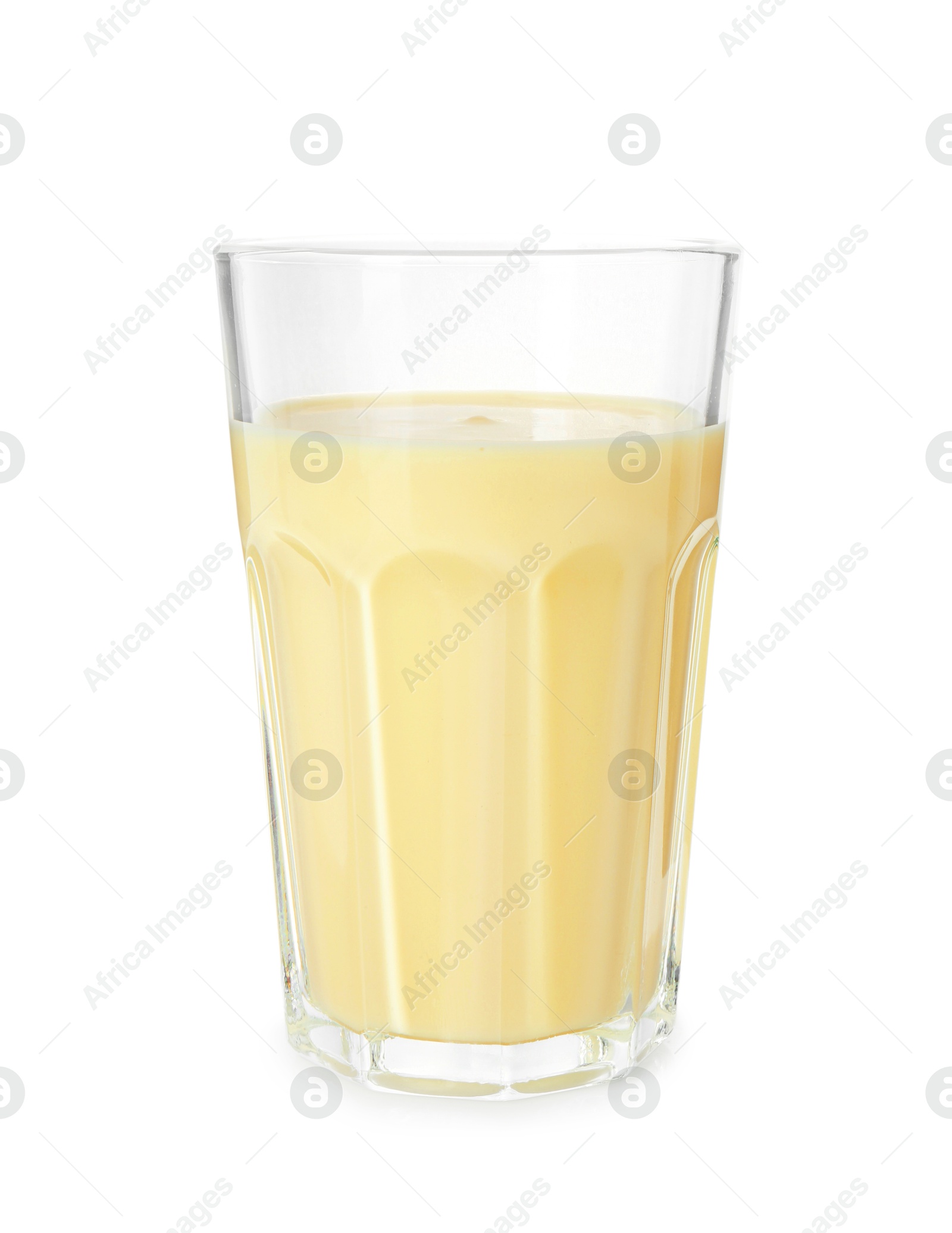 Photo of Tasty pineapple smoothie in glass isolated on white