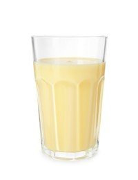 Photo of Tasty pineapple smoothie in glass isolated on white