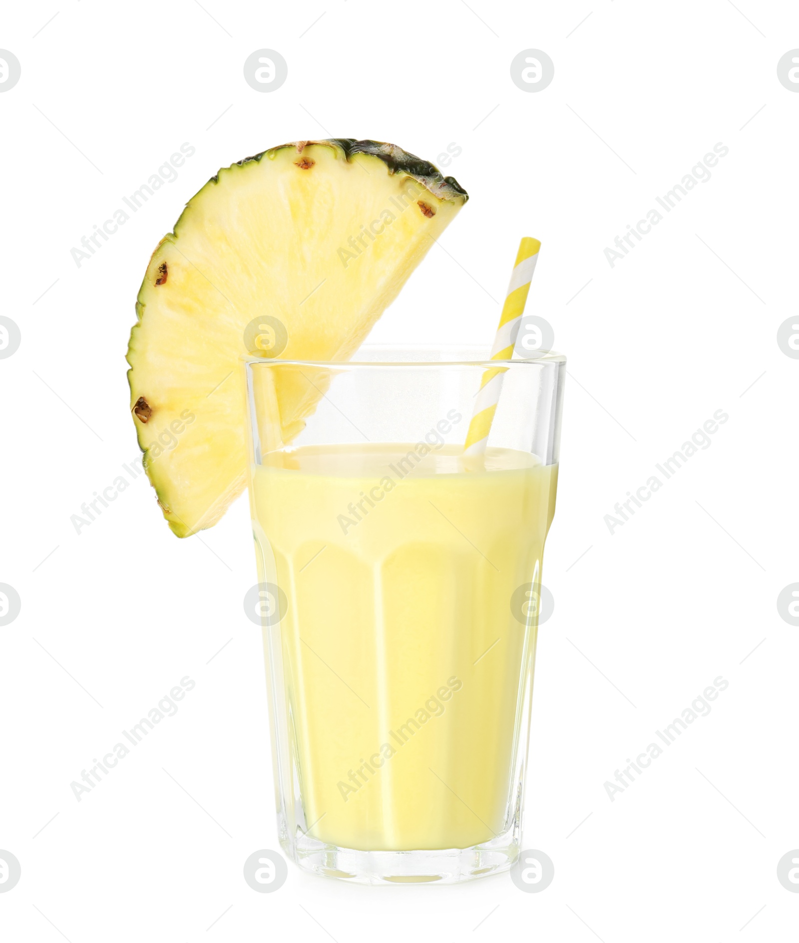 Photo of Tasty pineapple smoothie in glass and slice of fruit isolated on white