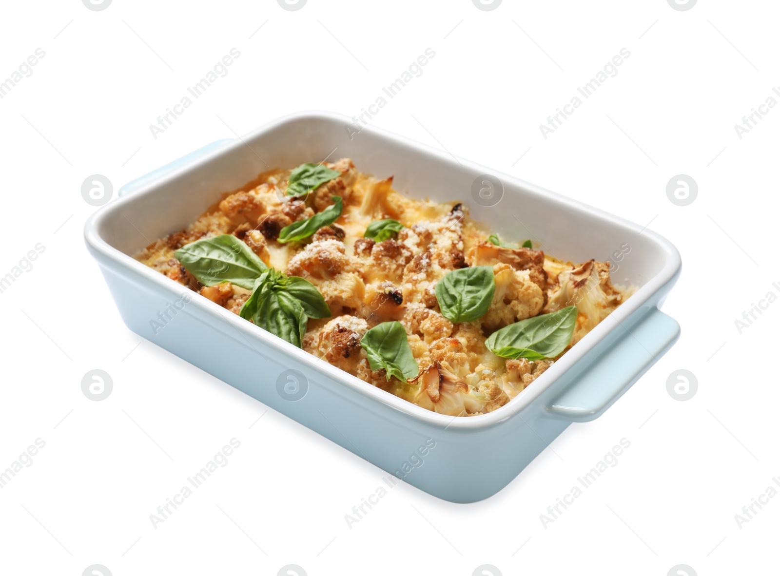 Photo of Tasty baked cauliflower and basil in baking dish isolated on white