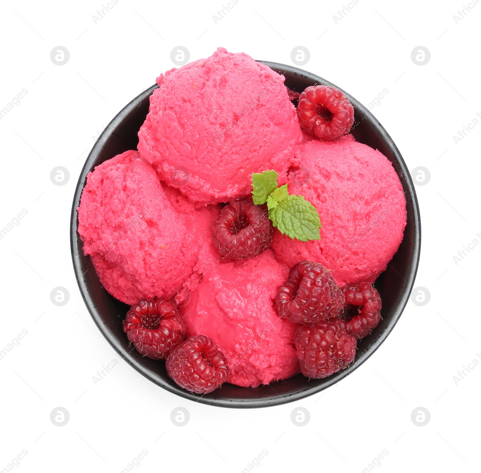 Photo of Delicious raspberry sorbet, fresh berries and mint in bowl isolated on white, top view