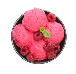 Photo of Delicious raspberry sorbet, fresh berries and mint in bowl isolated on white, top view