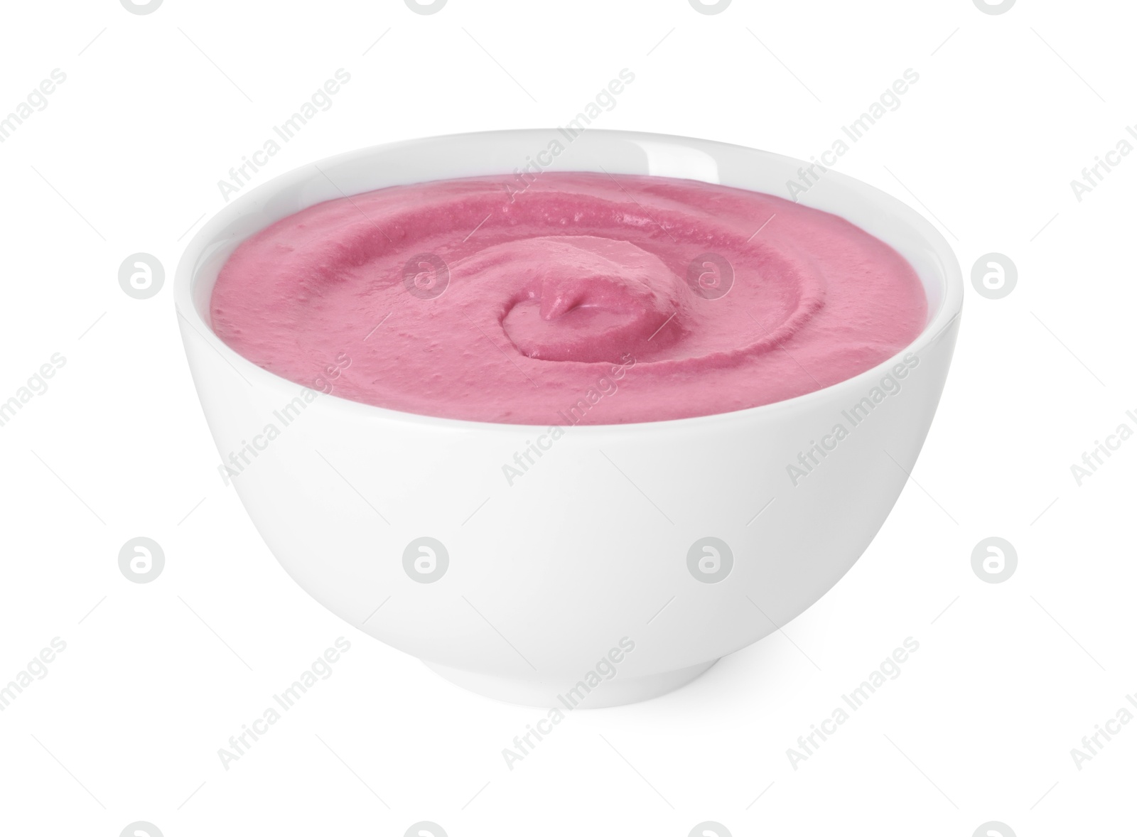 Photo of Tasty beetroot hummus in bowl isolated on white