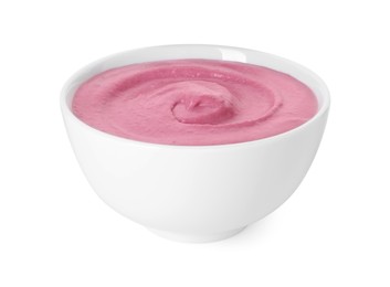 Tasty beetroot hummus in bowl isolated on white