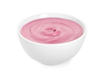 Tasty beetroot hummus in bowl isolated on white