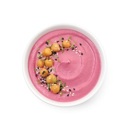 Photo of Tasty beetroot hummus and chickpeas in bowl isolated on white, top view