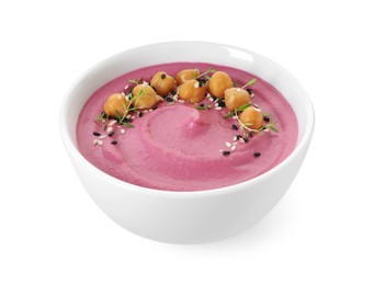 Tasty beetroot hummus and chickpeas in bowl isolated on white