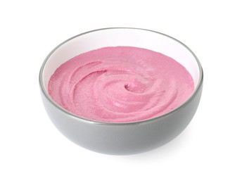 Photo of Tasty beetroot hummus in bowl isolated on white