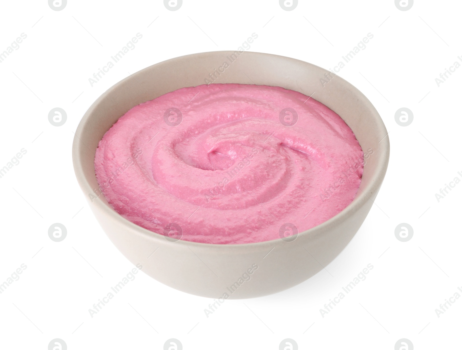 Photo of Tasty beetroot hummus in bowl isolated on white