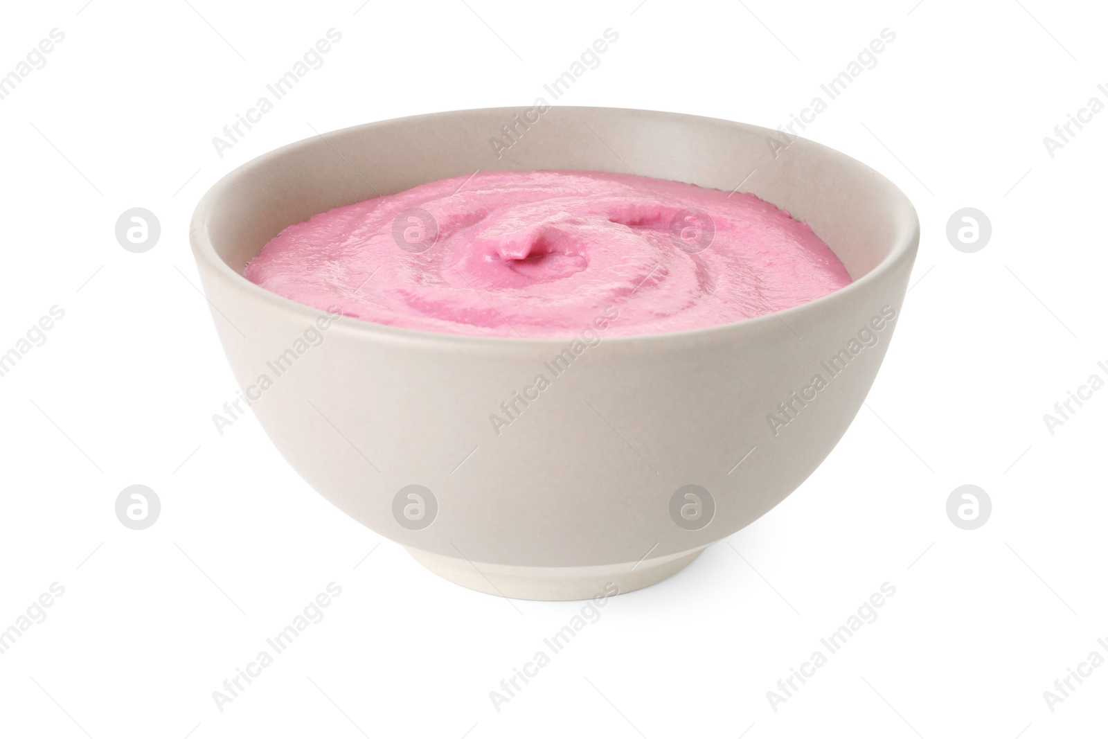 Photo of Tasty beetroot hummus in bowl isolated on white