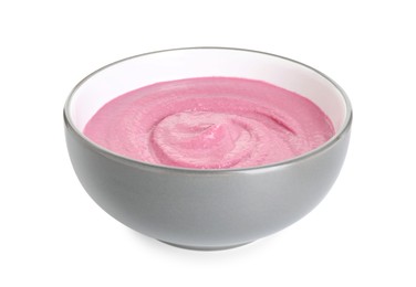 Tasty beetroot hummus in bowl isolated on white