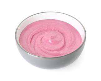 Tasty beetroot hummus in bowl isolated on white