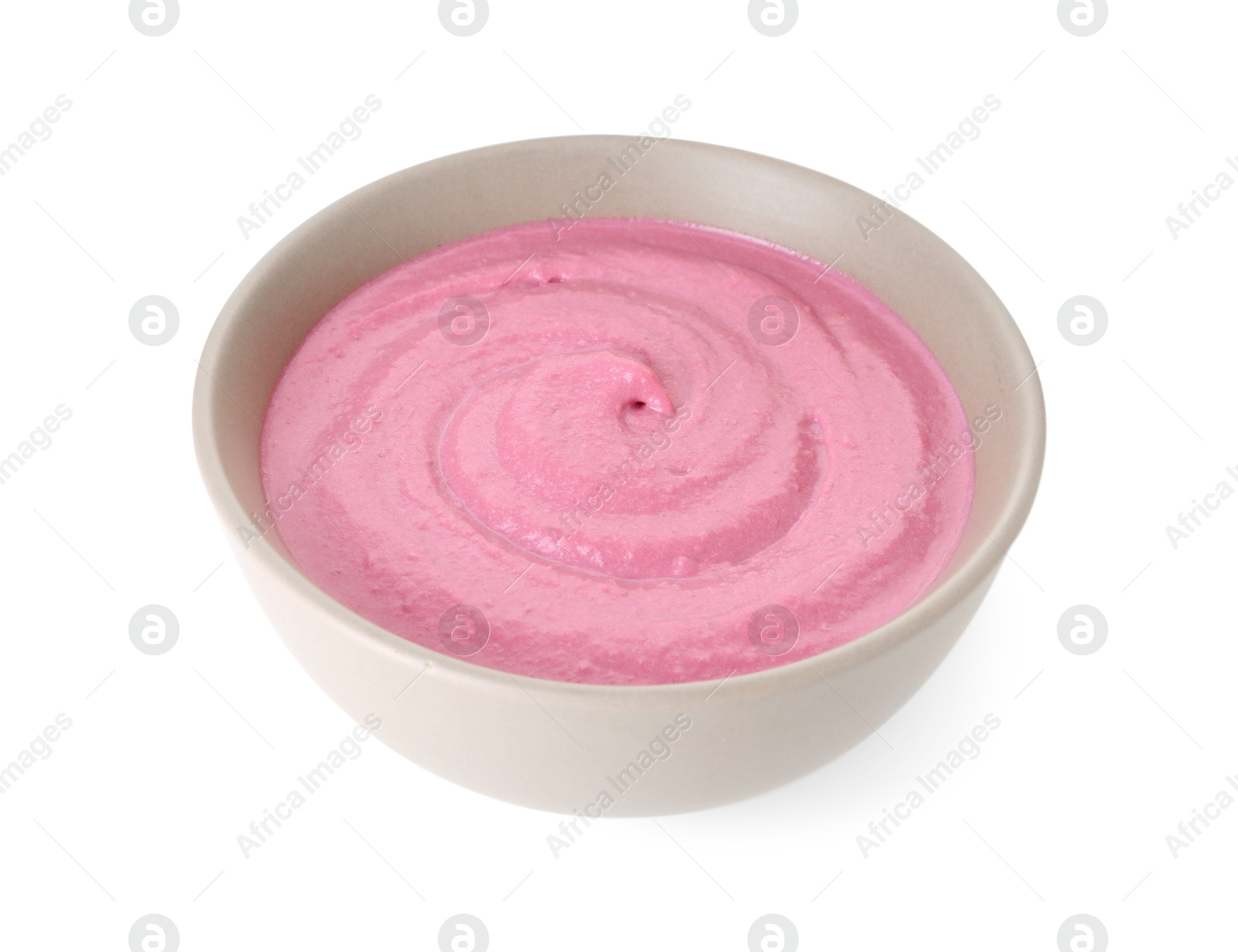 Photo of Tasty beetroot hummus in bowl isolated on white