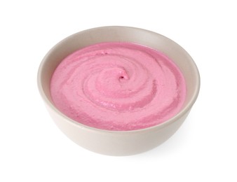 Tasty beetroot hummus in bowl isolated on white