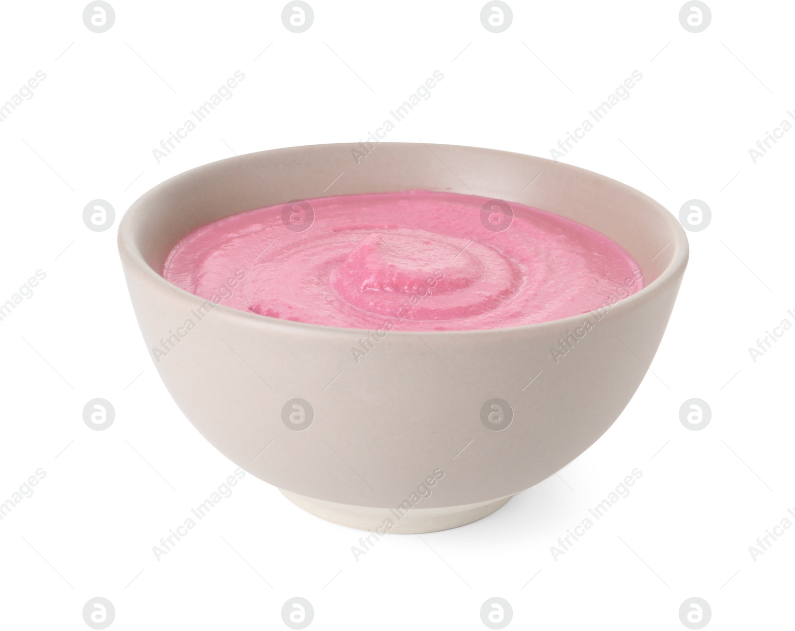 Photo of Tasty beetroot hummus in bowl isolated on white