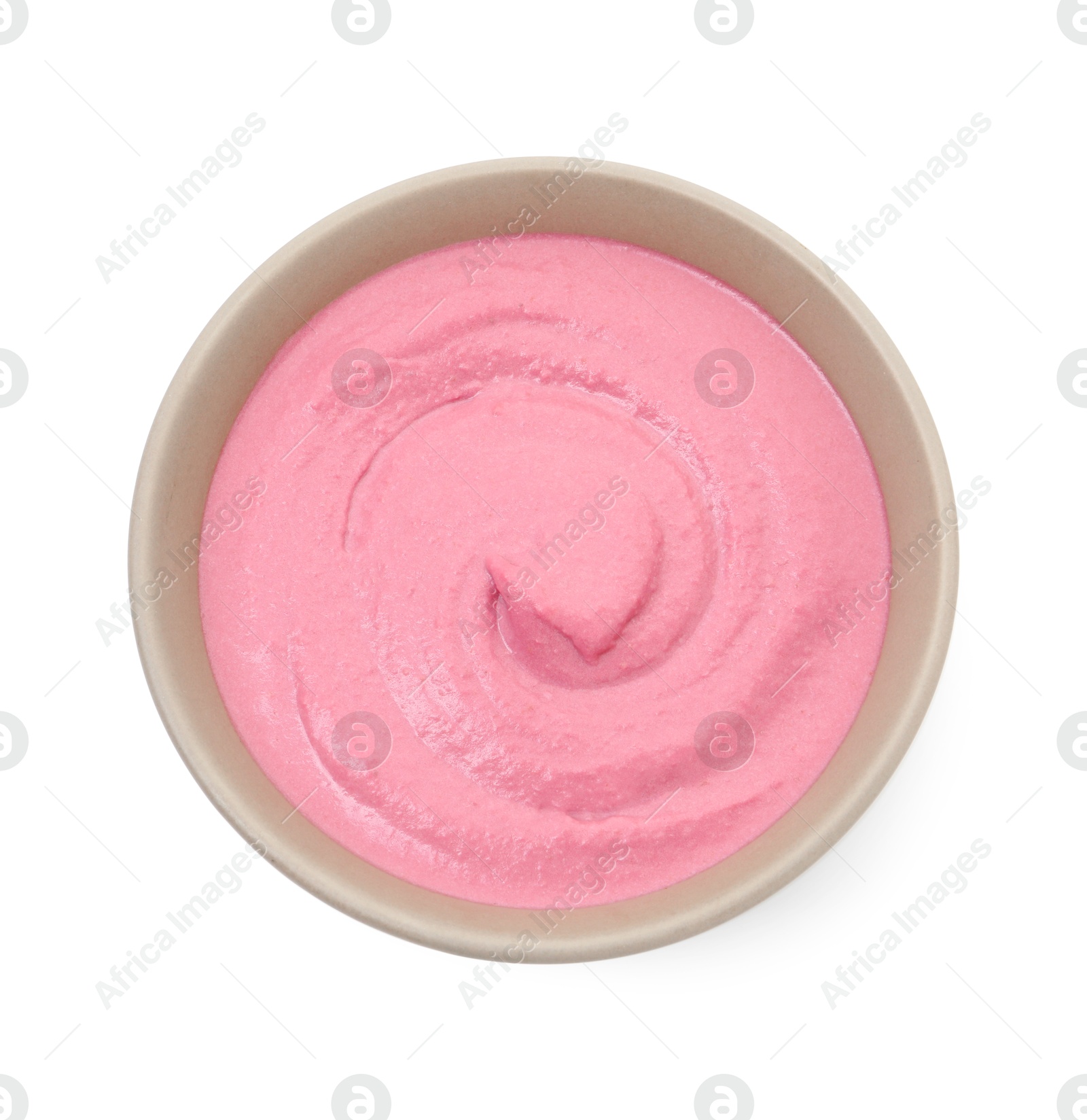 Photo of Tasty beetroot hummus in bowl isolated on white, top view