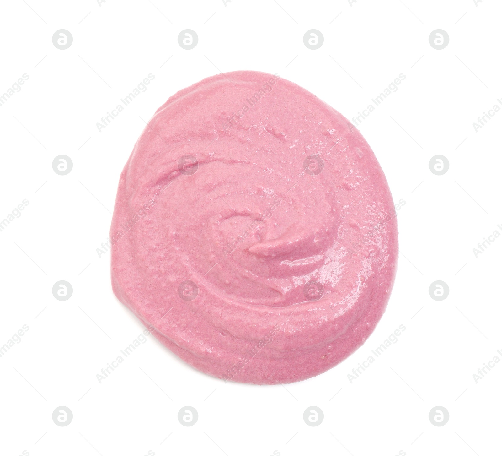 Photo of Tasty beetroot hummus isolated on white, top view