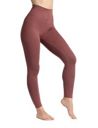 Photo of Woman wearing sports leggings on white background, closeup