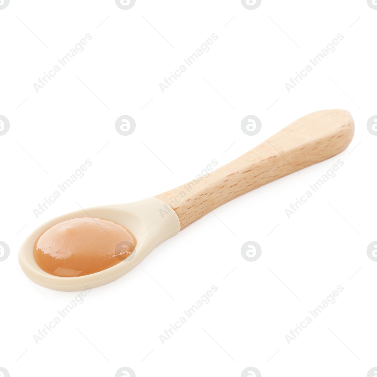 Photo of Spoon with tasty baby food isolated on white