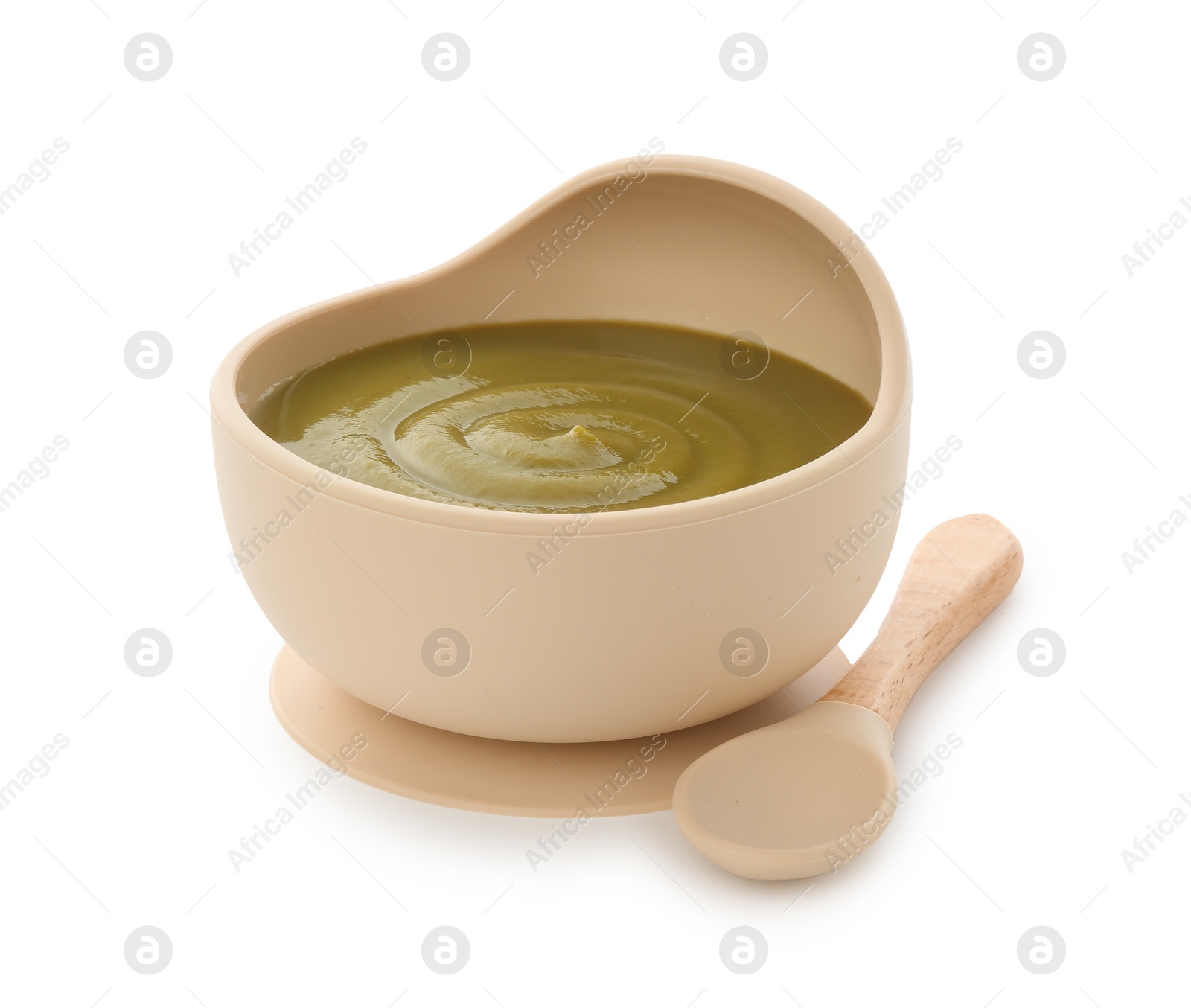 Photo of Tasty baby food in bowl and spoon isolated on white