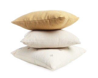 Photo of Stack of different pillows isolated on white