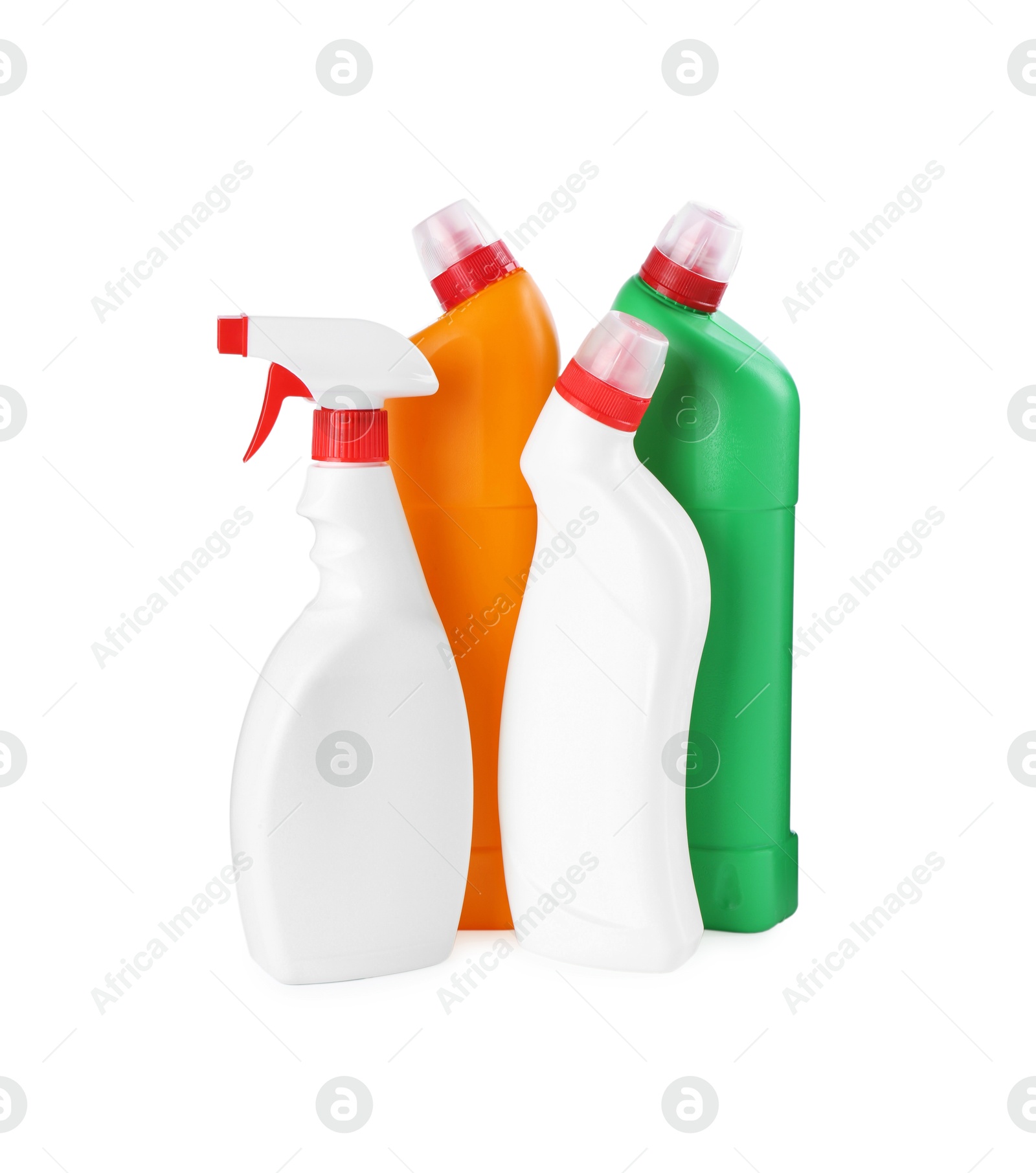 Photo of Different toilet cleaners in bottles isolated on white