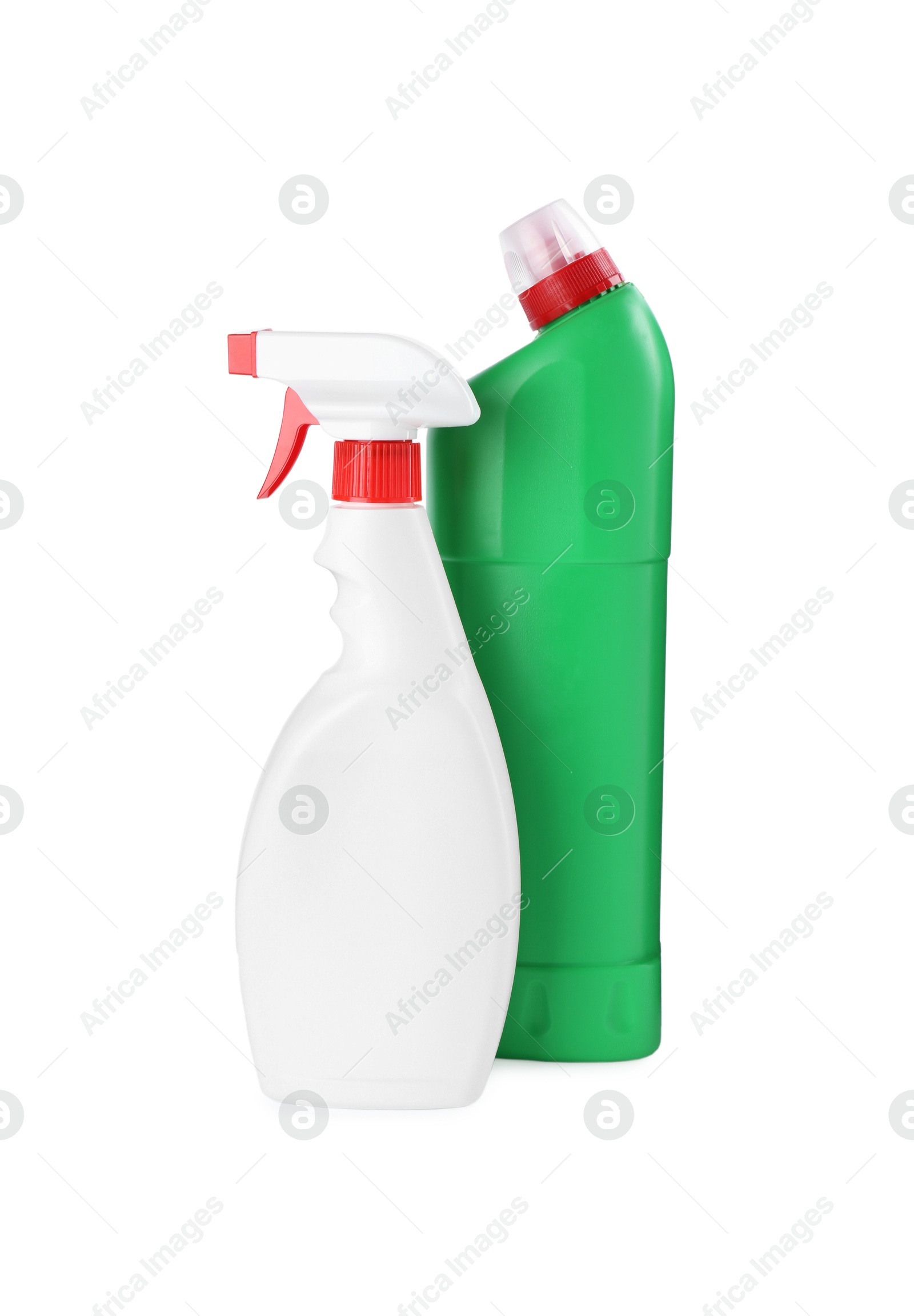 Photo of Two toilet cleaners in bottles isolated on white