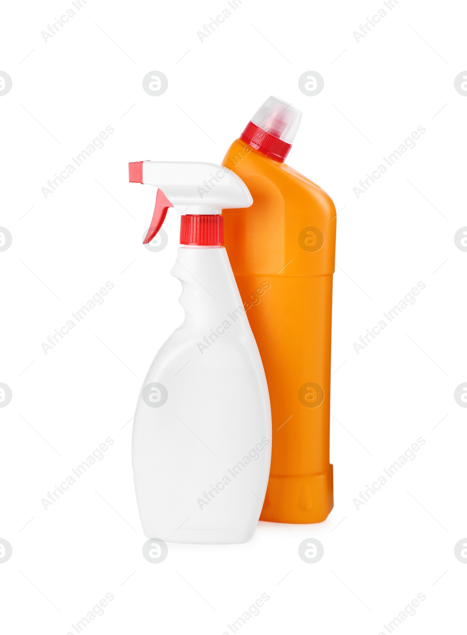 Photo of Two toilet cleaners in bottles isolated on white